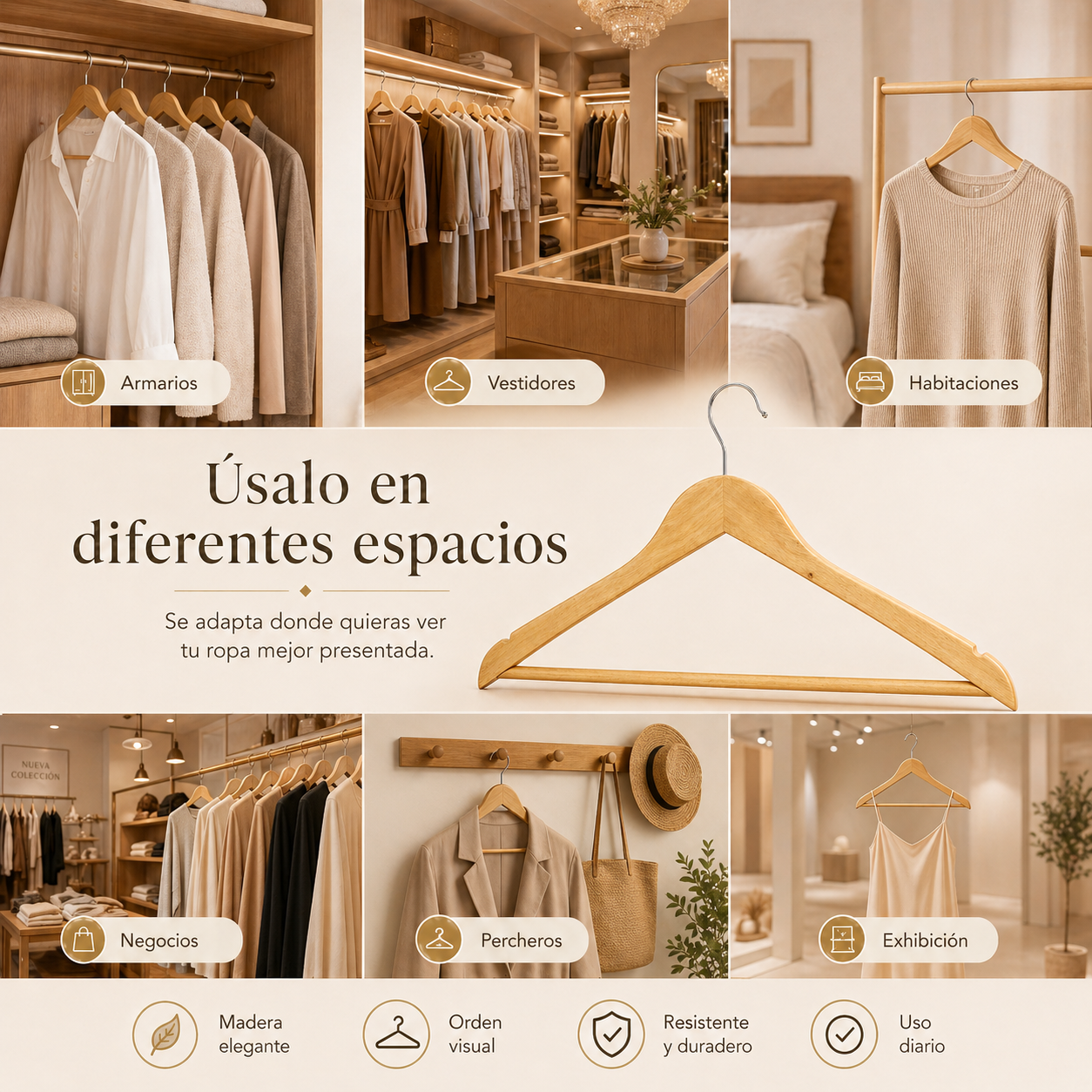 GANCHO PARA ROPA™ | Diseño en madera para un clóset más limpio y premium.