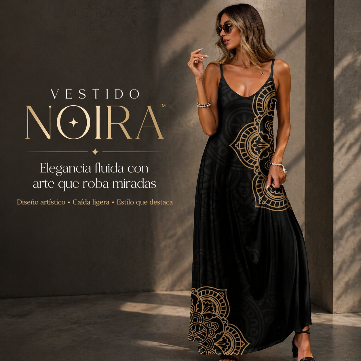 VESTIDO NOIRA™ | Elegancia fluida con arte que roba miradas.