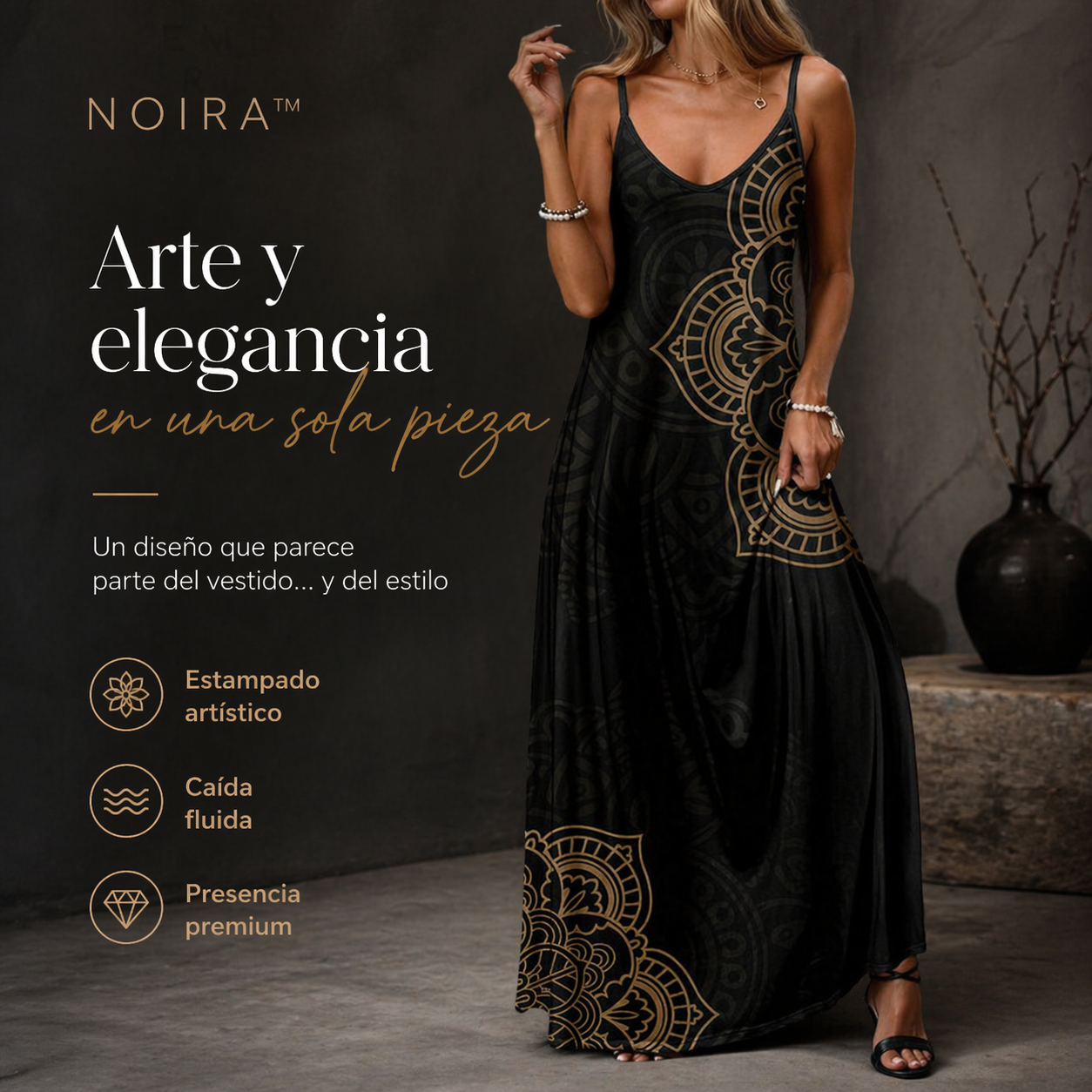 VESTIDO NOIRA™ | Elegancia fluida con arte que roba miradas.