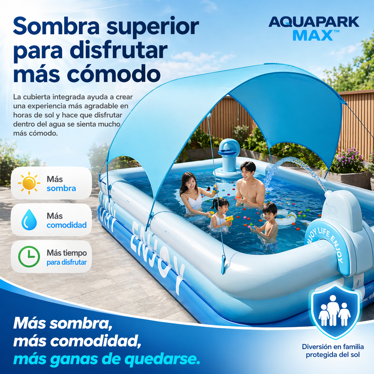 AQUAPARK MAX™ | Diversión refrescante con sombra y accesorios en un solo espacio.