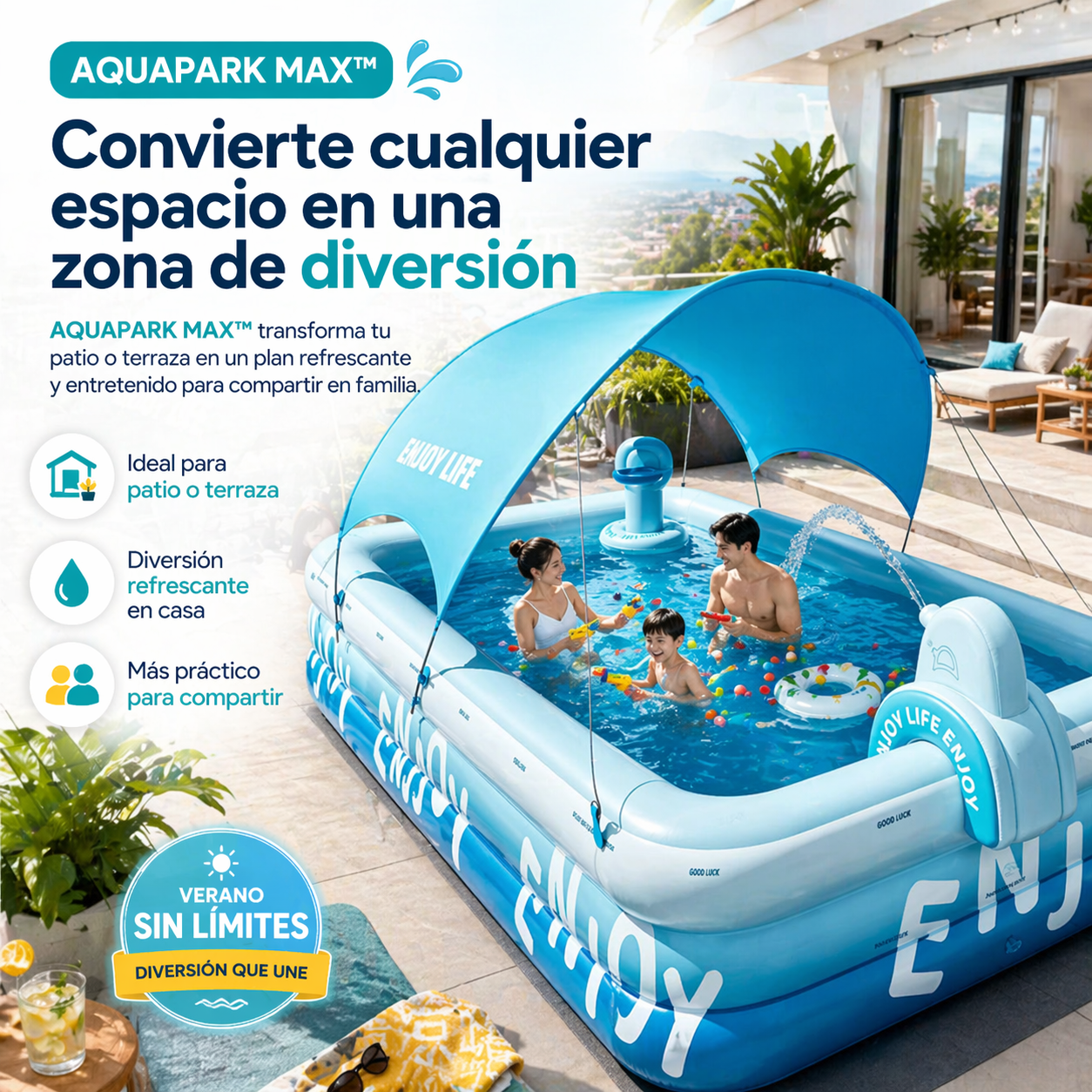 AQUAPARK MAX™ | Diversión refrescante con sombra y accesorios en un solo espacio.