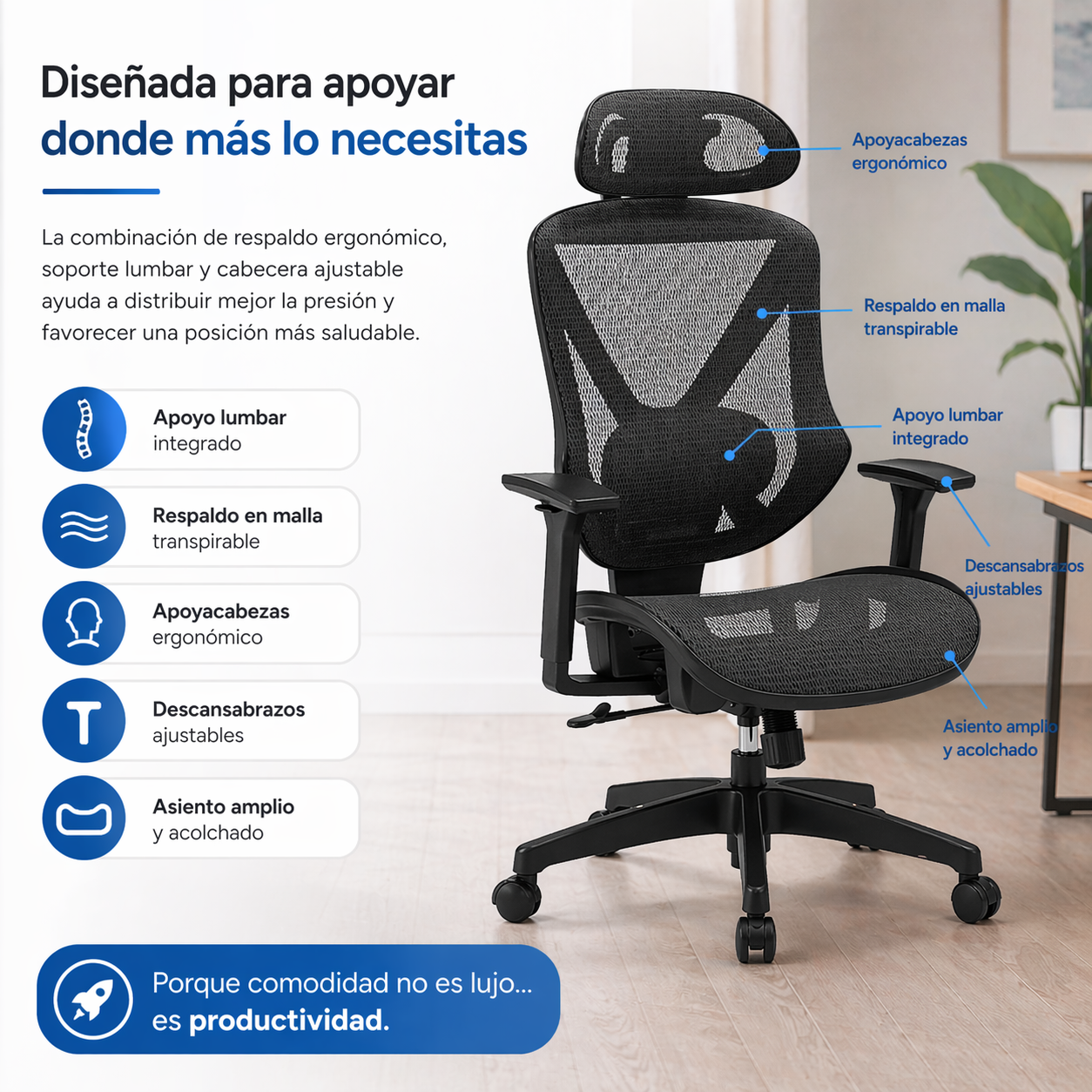 ErgoFlex™ | Trabaja cómodo, corrige tu postura y reduce la fatiga.