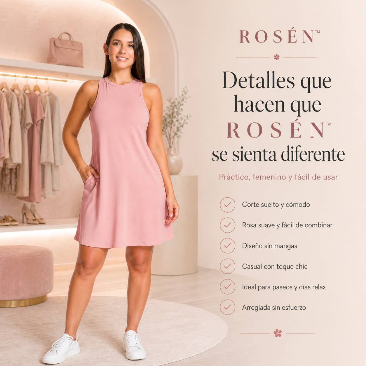 VESTIDO ROSÉN™ | Ese rosa suave que arregla el día sin pedir permiso.