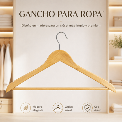 GANCHO PARA ROPA™ | Diseño en madera para un clóset más limpio y premium.