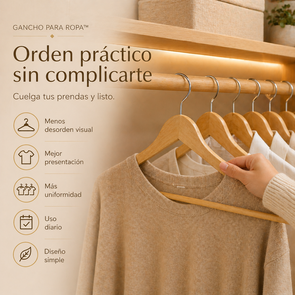 GANCHO PARA ROPA™ | Diseño en madera para un clóset más limpio y premium.