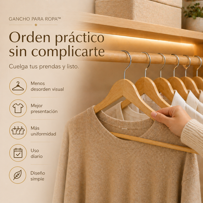 GANCHO PARA ROPA™ | Diseño en madera para un clóset más limpio y premium.