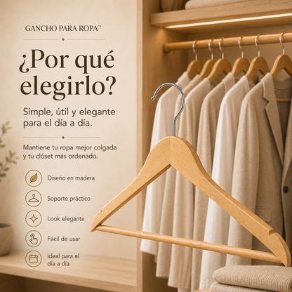 GANCHO PARA ROPA™ | Diseño en madera para un clóset más limpio y premium.