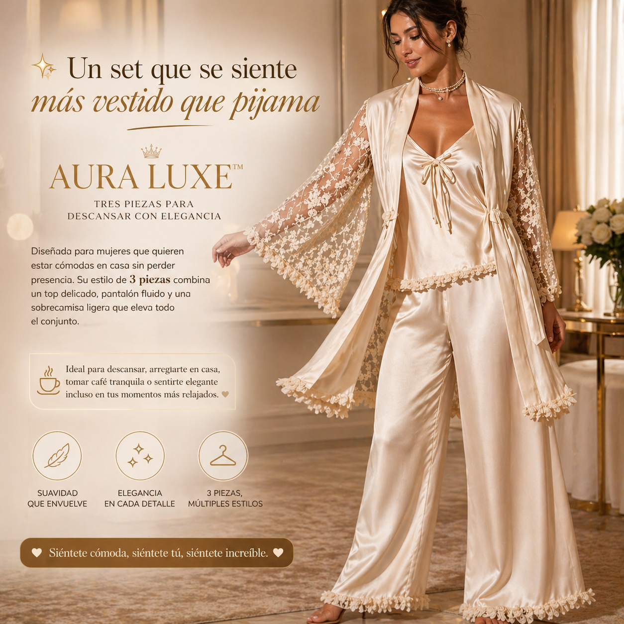 PIJAMA AURA LUXE™ | Tres piezas para descansar con elegancia.