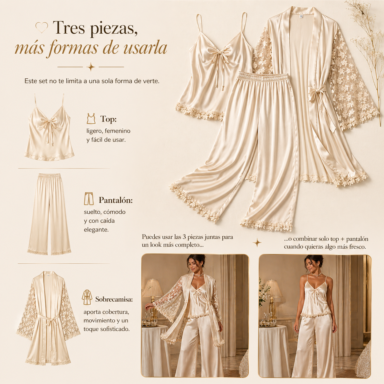 PIJAMA AURA LUXE™ | Tres piezas para descansar con elegancia.