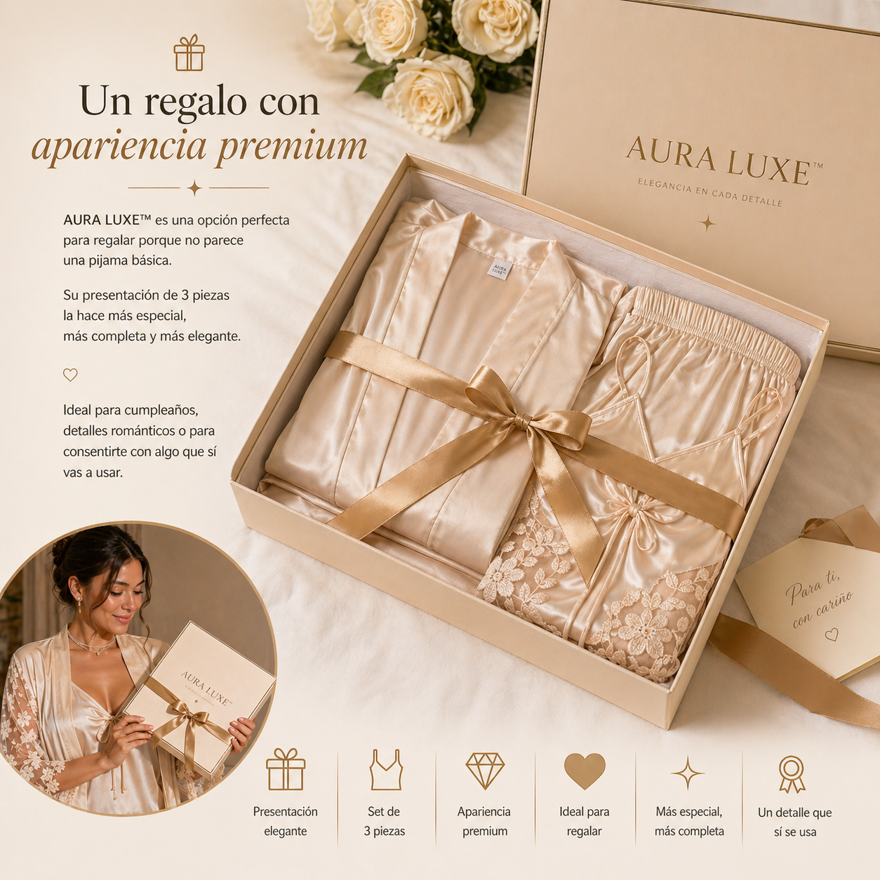 PIJAMA AURA LUXE™ | Tres piezas para descansar con elegancia.