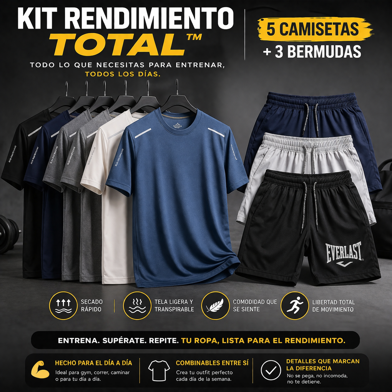 KIT RENDIMIENTO TOTAL™ | 5 Camisetas + 3 Bermudas